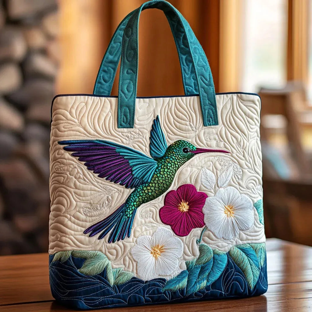 Quilted Tote Bag - Kolibri i Bijeli Cvijet